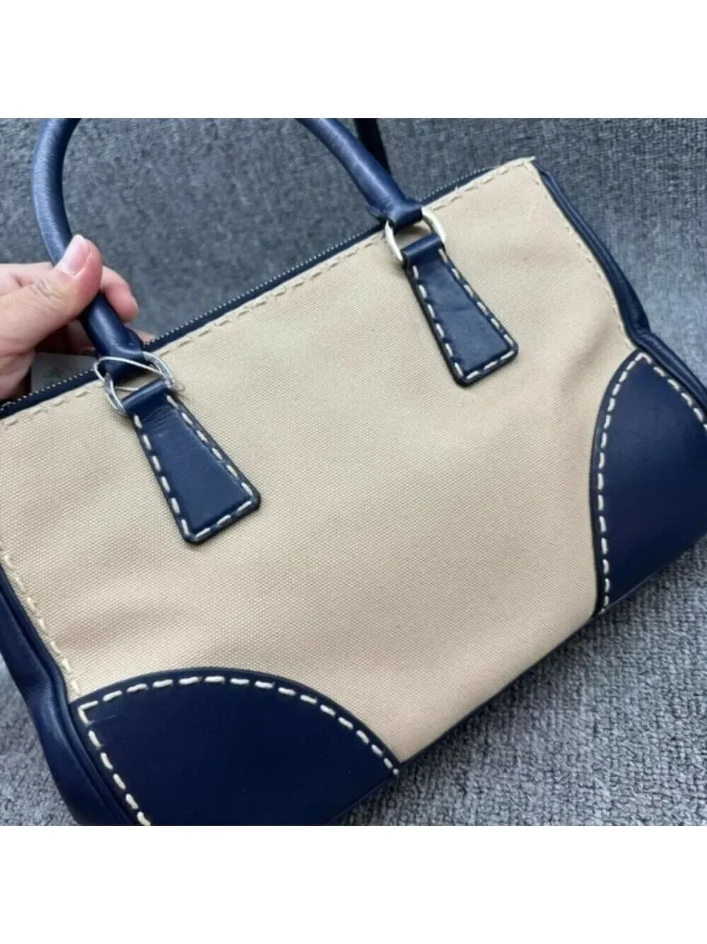 Authentic Prada Two Tone Leather Canvas Tote Satchel Crossbody Bag